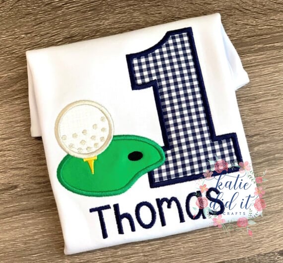 Golf birthday shirt, applique shirt, boys, girls, hole in one theme party, first birthday, navy, gingham, personalized shirt, kids