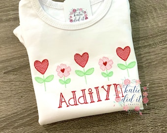 Valentine's Day shirt, girls, flowers, hearts, valentine, embroidery, personalized, valentine flowers