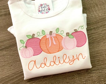 Girls pumpkin shirt, Girls fall shirt, pumpkin applique, pumpkin monogram, girls halloween shirt, pumpkin applique shirt, sketch embroidery