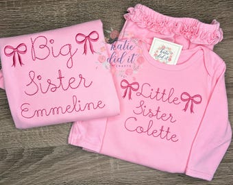 Paquete de camisetas bordadas para hermana mayor y hermana menor, regalo personalizado para hermanos, lazos y bata de bebé.