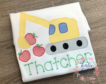 Back to school embroidered shirt or  with name, girls back to school shirt, excavator shirt, back to school shirt. Apple shirt