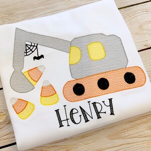 Halloween digger shirt, candy excavator shirt, boys embroidered shirt, truck Halloween shirt, candy corn shirt, Halloween, applique shirt