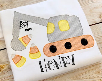 Halloween digger shirt, candy excavator shirt, boys embroidered shirt, truck Halloween shirt, candy corn shirt, Halloween, applique shirt