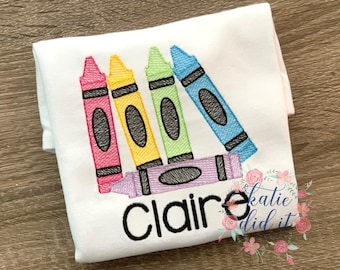Back to school crayon shirt, sketch embroidery, personalized, girls, boys,  shirt, unisex shirt, school shirt, crayons, embroidered