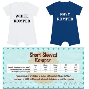 two baby onesuits that say short sleeved romper and navy romper