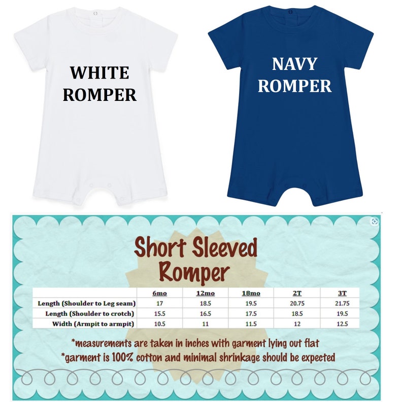 two baby onesuits that say short sleeved romper and navy romper