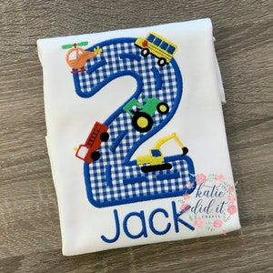 Birthday shirt, applique, vehicles, trucks, airplane, blue gingham, embroidery, age, boys, girls, personalized, shirts