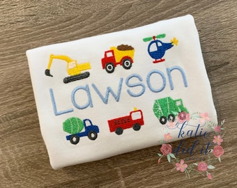 Vehicle shirt, trucks, race cars, personalized, truck shirts, sibling shirts, embroidery, embroidered shirts, boys, girls