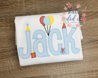 Birthday name appliqué shirt, Boys shirt, girls shirt, party shirt, personalized, applique shirt, windowpane fabric, party hats, balloons