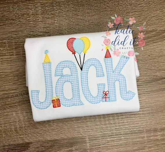 Birthday name appliqué shirt, Boys shirt, girls shirt, party shirt, personalized, applique shirt, windowpane fabric, party hats, balloons