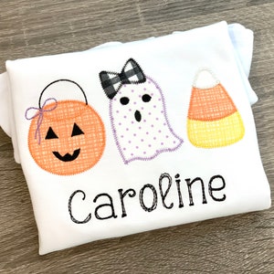 Halloween applique shirt, Girls Halloween shirt, pumpkin, candy corn, ghost trio shirt, personalized, jack o lantern