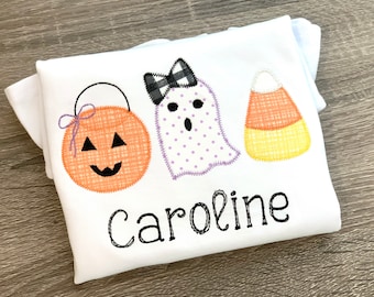Halloween applique shirt, Girls Halloween shirt, pumpkin, candy corn, ghost trio shirt, personalized, jack o lantern