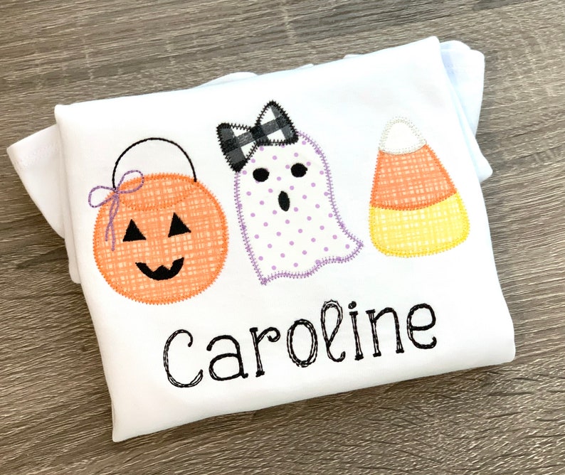 Halloween applique shirt, Girls Halloween shirt, pumpkin, candy corn, ghost trio shirt, personalized, jack o lantern image 1