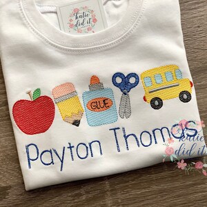 Back to school shirt, sketch embroidery, personalized, girls back to school shirt, boys back to school shirt, school supplies, bus