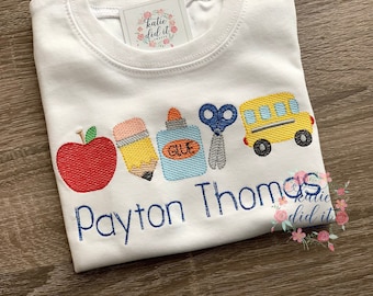 Back to school shirt, sketch embroidery, personalized, girls back to school shirt, boys back to school shirt, school supplies, bus