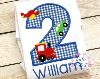 Birthday shirt, applique, vehicles, trucks, airplane, blue gingham, embroidery, age, boys, girls, personalized, shirts