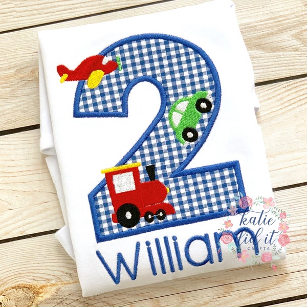 Birthday shirt, applique, vehicles, trucks, airplane, blue gingham, embroidery, age, boys, girls, personalized, shirts