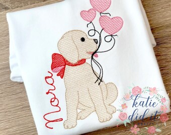 Valentine's Day shirt, puppy, pup, dog, embroidery, girls valentine shirt, heart balloons , heart, hearts, personalized