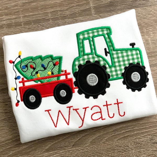 Christmas tractor applique shirt or bodysuit with name, christmas shirt, christmas tree tractor shirt,  christmas applique shirt