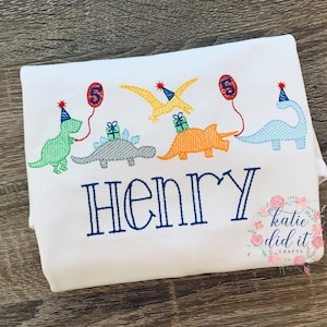 Dinosaur birthday shirt, party, balloons, dinosaurs, sketch embroidery, dinosaur party shirt, embroidery, personalized