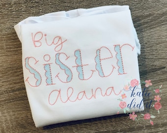 Big sister shirt with name, little sister shirt, little sister shirt, sibling shirts, embroidered shirt, sketch, baby gift, personalized