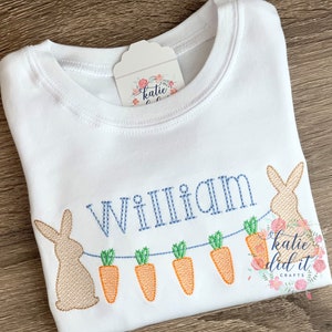 Easter bunny embroidered shirt, easter, carrots, bunnies, boys, girls, easter egg hunt, spring, sketch embroidery, personalized