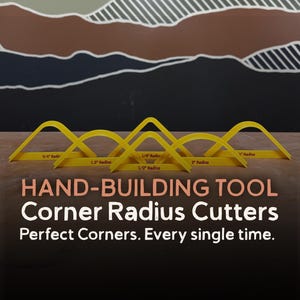 May include: A set of five yellow plastic corner radius cutters for hand-building. Each tool features a curved arch design with printed labels for 3/4 inch, 1.5 inch, 1/4 inch, 1/2 inch, 2 inch, and 1 inch radius measurements.