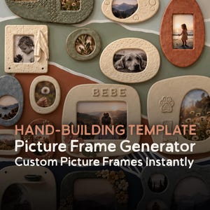 Puede incluir: Una colección de marcos de fotos de diversas formas en tonos crema, verde y terracota, con detalles en relieve como flores, huellas de patas y la palabra BEBE. Las superposiciones de texto dicen DIGITAL TEMPLATE, HAND-BUILDING TEMPLATE y Picture Frame Generator.