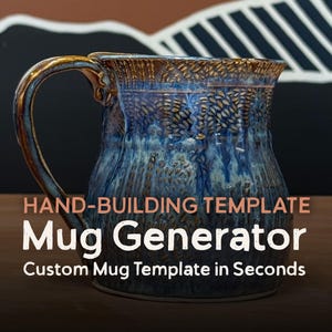 May include: A ceramic mug with a blue and brown mottled glaze and a textured surface. The image includes the text: DIGITAL TEMPLATE, HAND-BUILDING TEMPLATE, Mug Generator, Custom Mug Template in Seconds. The mug has a curved handle.