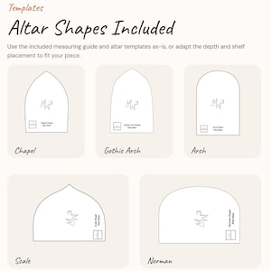May include: A set of five altar templates labeled Templates Altar Shapes Included. The shapes are Chapel, Gothic Arch, Arch, Scale, and Norman. Each template features a logo and a small square measuring guide. The text provides instructions.