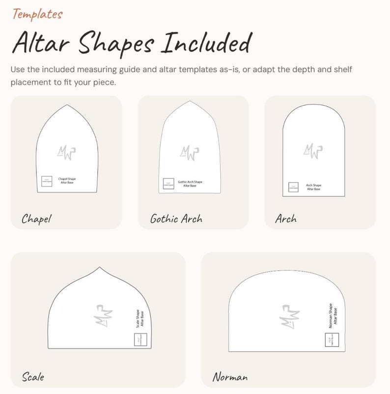 May include: A set of five altar templates labeled Templates Altar Shapes Included. The shapes are Chapel, Gothic Arch, Arch, Scale, and Norman. Each template features a logo and a small square measuring guide. The text provides instructions.