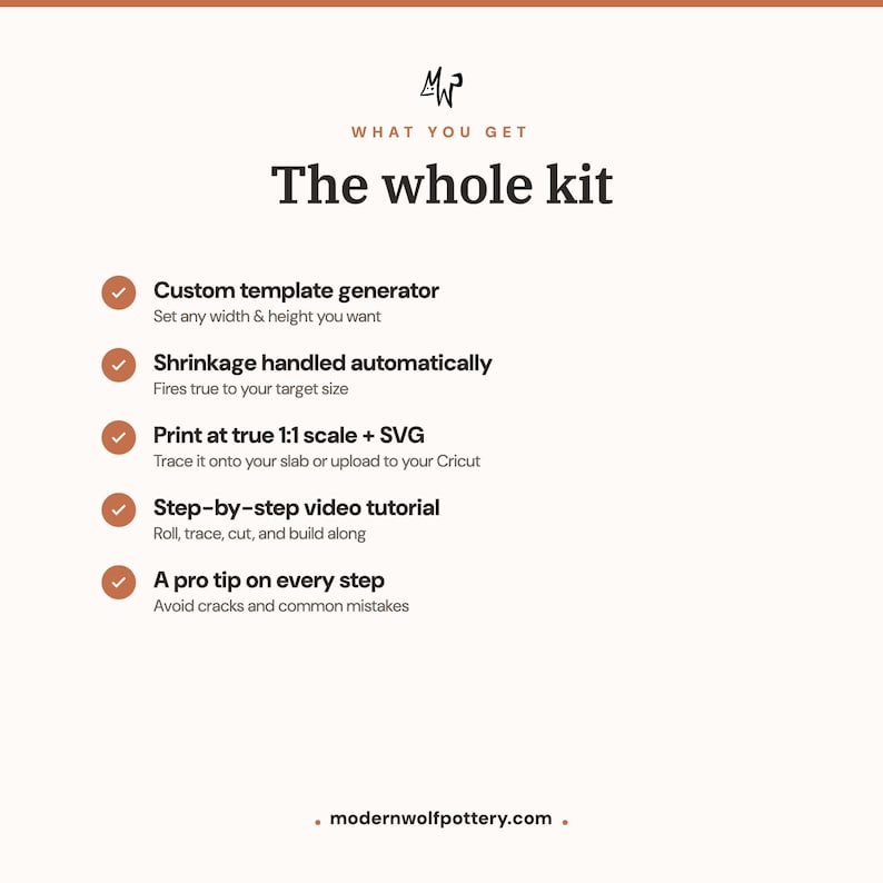 May include: A white informational graphic titled The whole kit with a logo at the top. It lists five features with checkmarks: Custom template generator, Shrinkage handled automatically, Print at true 1:1 scale + SVG, Step-by-step video tutorial, and A pro tip on every step. The website modernwolfpottery.com is at the bottom.