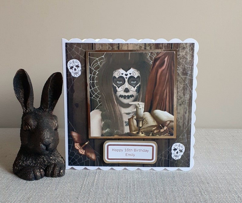 Personalised Day of the Dead Sugar Skull Inspired Handmade Birthday Card Black Heart