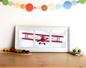 PRINTABLE Baby Boy Nursery Art Airplane Print Set - Red with Navy accents, Set of 3 prints - INSTANT DOWNLOAD