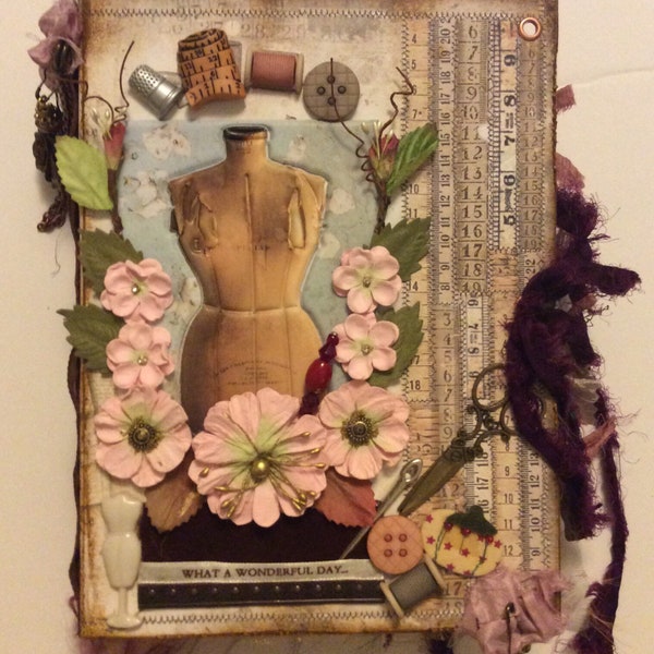 What a Wonderful Day Sewing!!  Handmade Junk Journal sewing theme with Romantic Thread from Stamperia, 110+ burnt edges vintage look 8x6x2.5