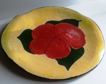 Round Red Rose Platter Stoneware Approximately 14 inches Round on Yellow Background