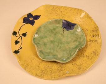Handmade Scalloped Yellow Dinner Plate 12"W and Small Green Plate 7"W Set