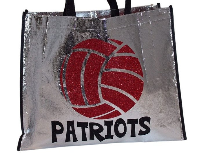 Personalized Sports Gift Bag 15 1/2 x 12 1/2 Shiny Silver with black handles custom printed your choice of sport | volleyball | basketball