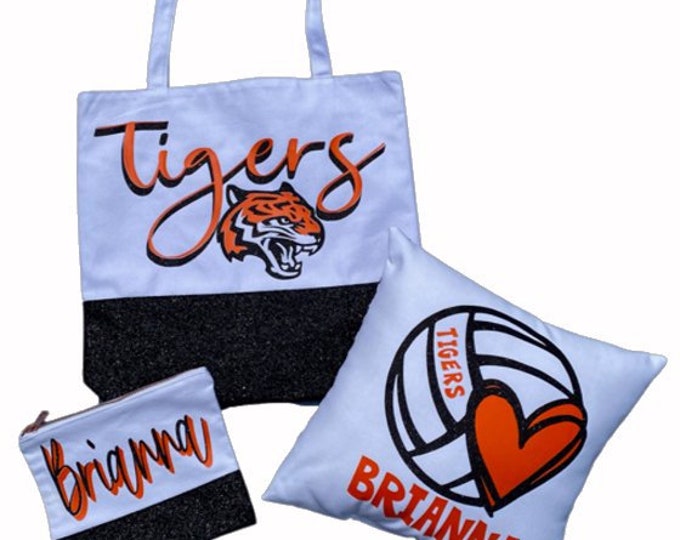 Girls Volleyball Sports Gift Set of 3 includes Personalized Glitter Tote Bag, Glitter  Makeup Bag & matching pillow Christmas Sports Gift