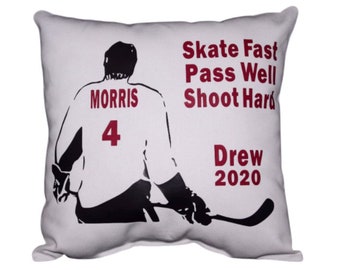 Ice Hockey Gift Custom printed Hockey Pillow with Players Name and Number Team Colors Guys or Girls Hockey  Birthday Gift Idea