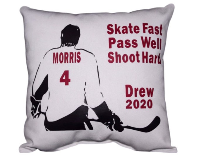 Ice Hockey Gift Custom printed Hockey Pillow with Players Name and Number Team Colors Guys or Girls Hockey  Birthday Gift Idea