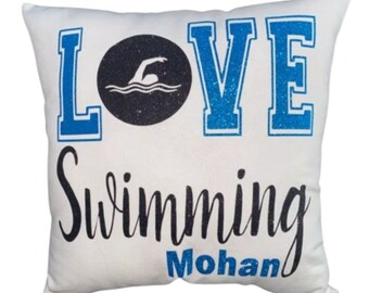 LOVE Swimming Personalized Swim Pillow Custom printed with swimmers name great  gift santas present for swimmer