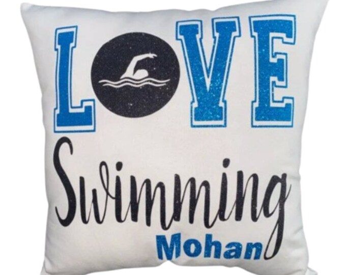 LOVE Swimming Personalized Swim Pillow Custom printed with swimmers name great  gift santas present for swimmer