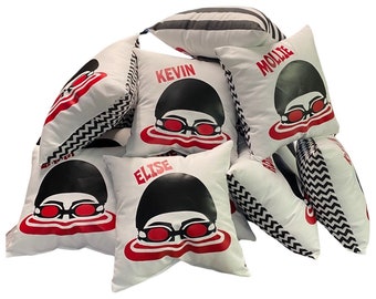 Swim Team Gifts for entire team custom printed swimmer swim aquatic pillows make great senior gifts bulk discounts 20% off & free shipping
