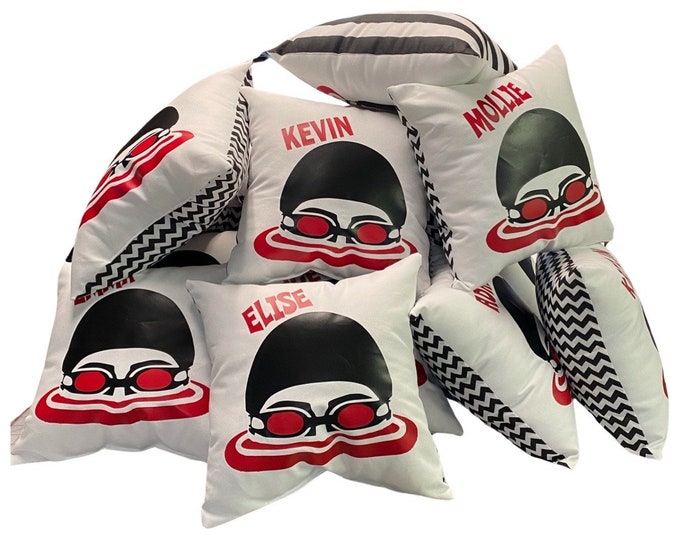 Swim Team Gifts for entire team custom printed swimmer swim aquatic pillows make great senior gifts bulk discounts 20% off & free shipping