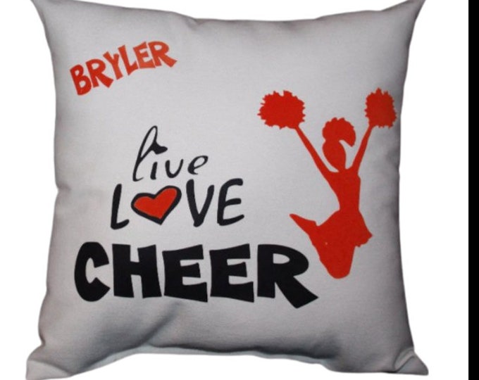 Girls Personalized LIVE LOVE CHEER Pillow | Glitter and Bling | Custom Bedroom Cheerleader Sports Decor | Dance Competition | Christmas Gift