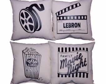 CUSTOM Printed HOME THEATER Pillow Set -  Personalized with family name Set of four 14" pillows | Perfect Christmas Gift For Hard To Buy For