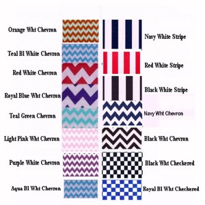 May include: A chart showing different fabric patterns and colors. The patterns include chevron, stripes, and checkered. The colors include orange, teal, red, royal blue, teal green, light pink, purple, aqua, navy, black, and white.