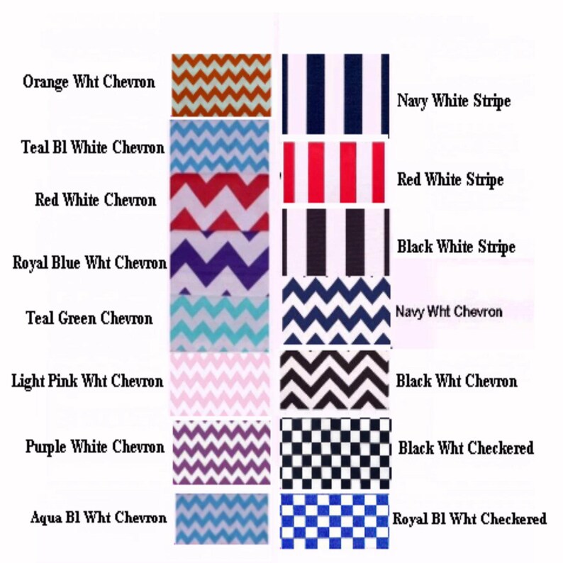 May include: A chart showing different fabric patterns and colors. The patterns include chevron, stripes, and checkered. The colors include orange, teal, red, royal blue, teal green, light pink, purple, aqua, navy, black, and white.