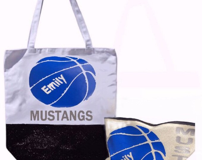 Girls Sports Gift Set Personalized Basketball Glitter Tote & matching zipper make up bag  | Great Christmas Gift for girls basketball player